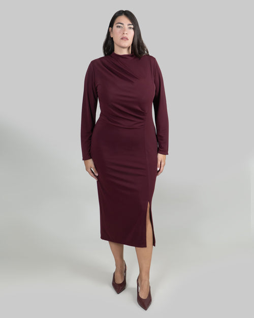 Abito Midi Drappeggiato con Spacco Laterale|Colore:Bordeaux