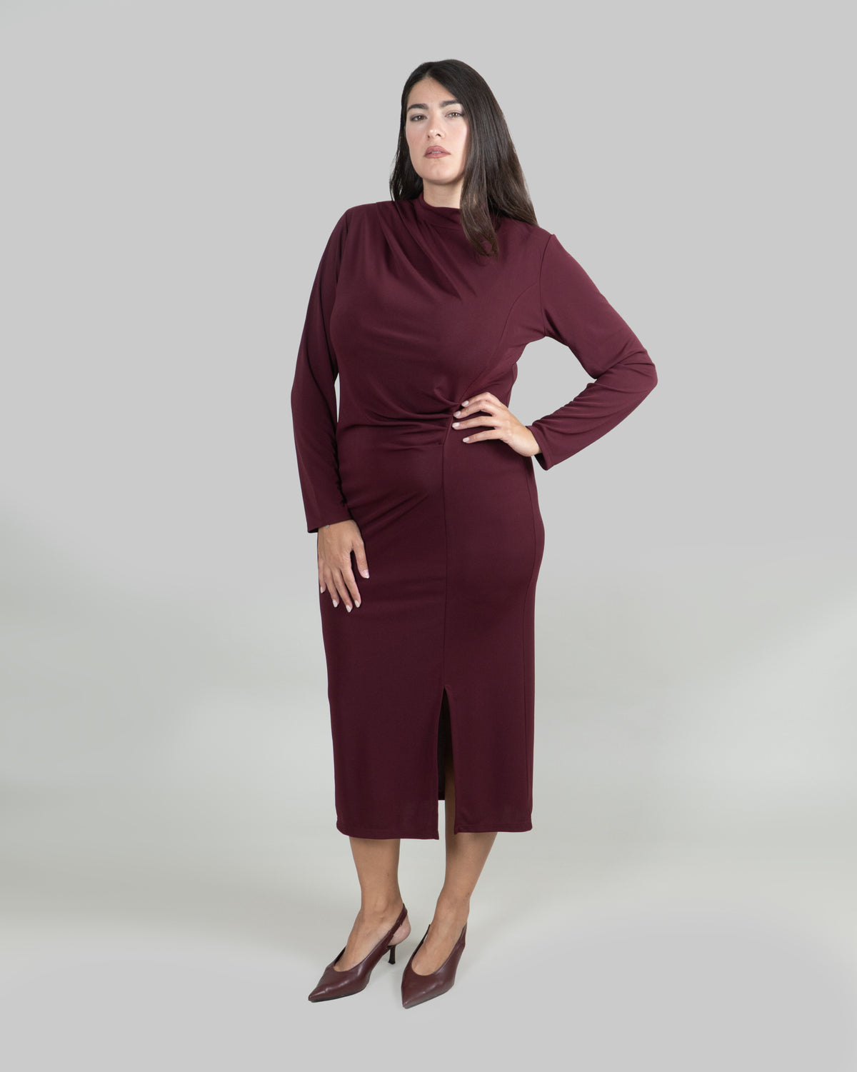 Abito Midi Drappeggiato con Spacco Laterale|Colore:Bordeaux