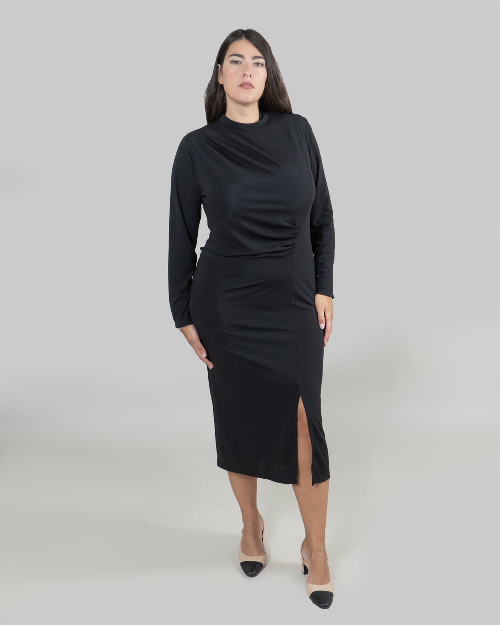 Abito Midi Drappeggiato con Spacco Laterale|Colore:Nero