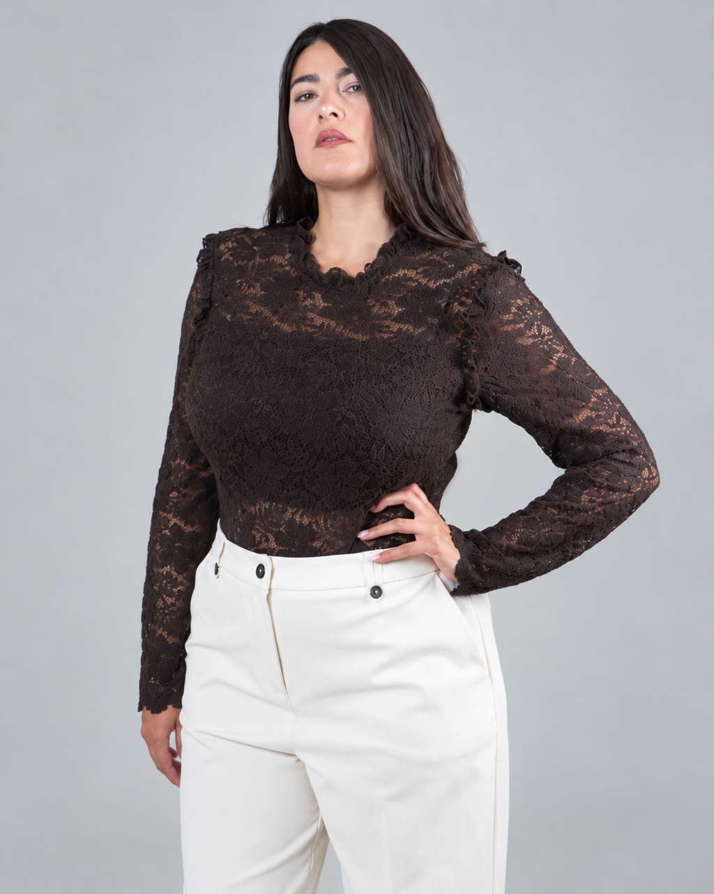 Body in Pizzo Floreale con Collo a Rouches|Colore:Moro