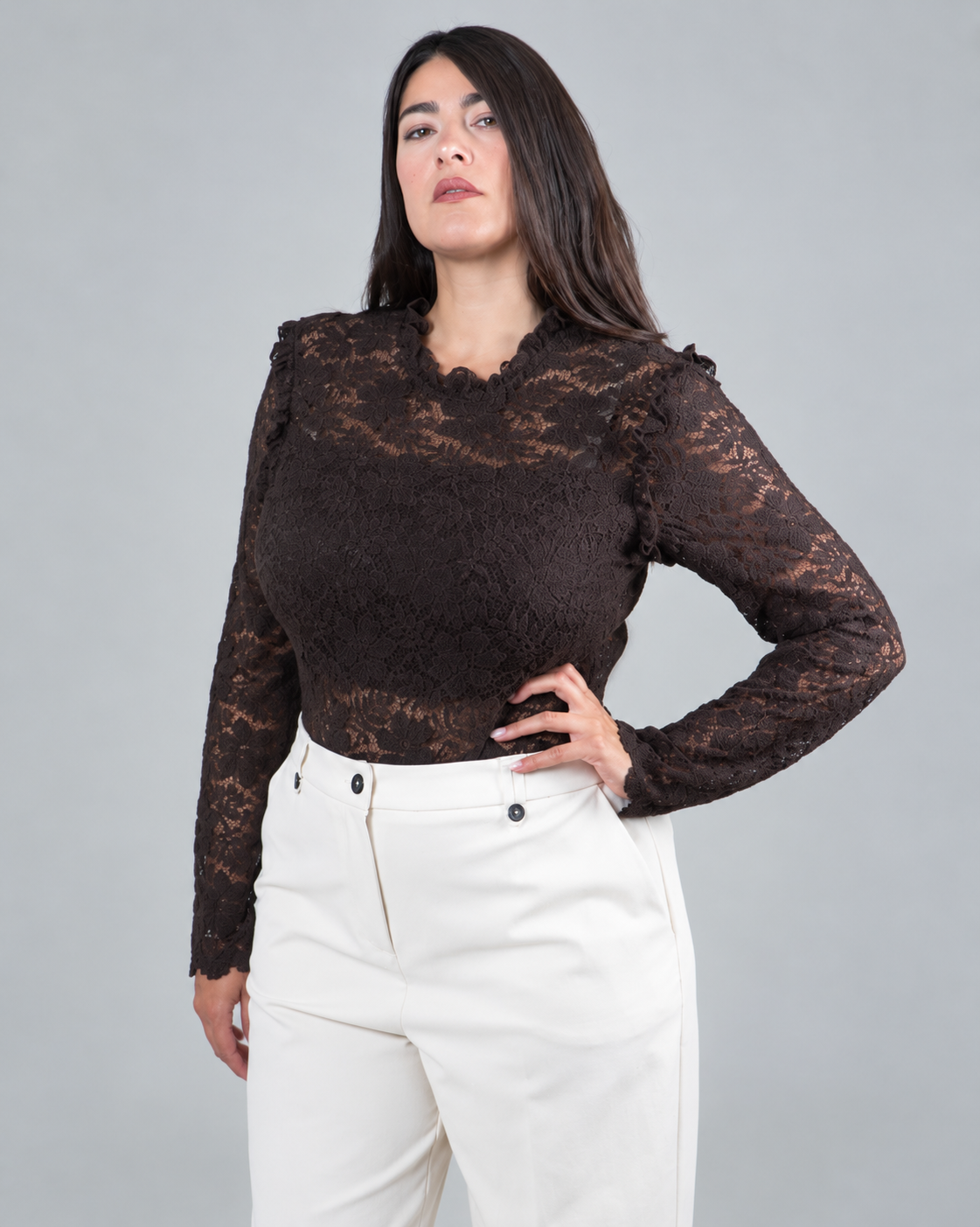 Body in Pizzo Floreale con Collo a Rouches|Colore:Moro
