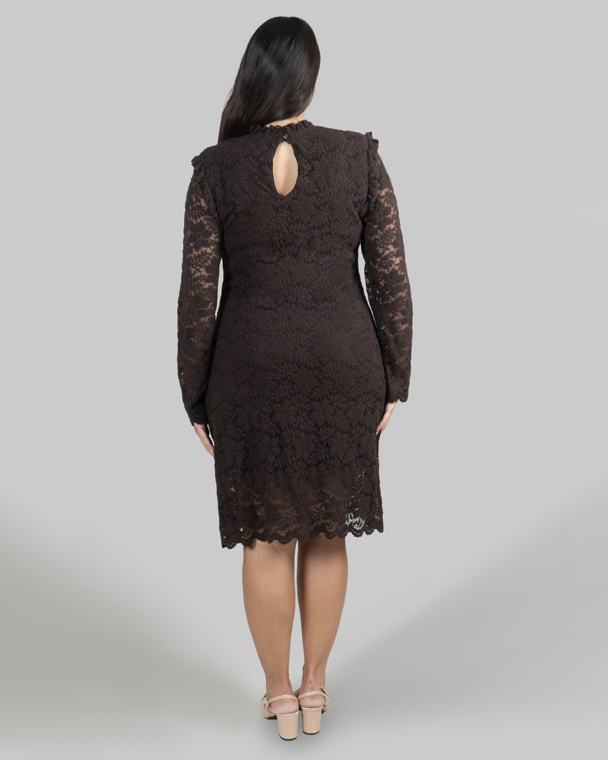 Abito in Pizzo con Maniche Lunghe|Colore:Moro