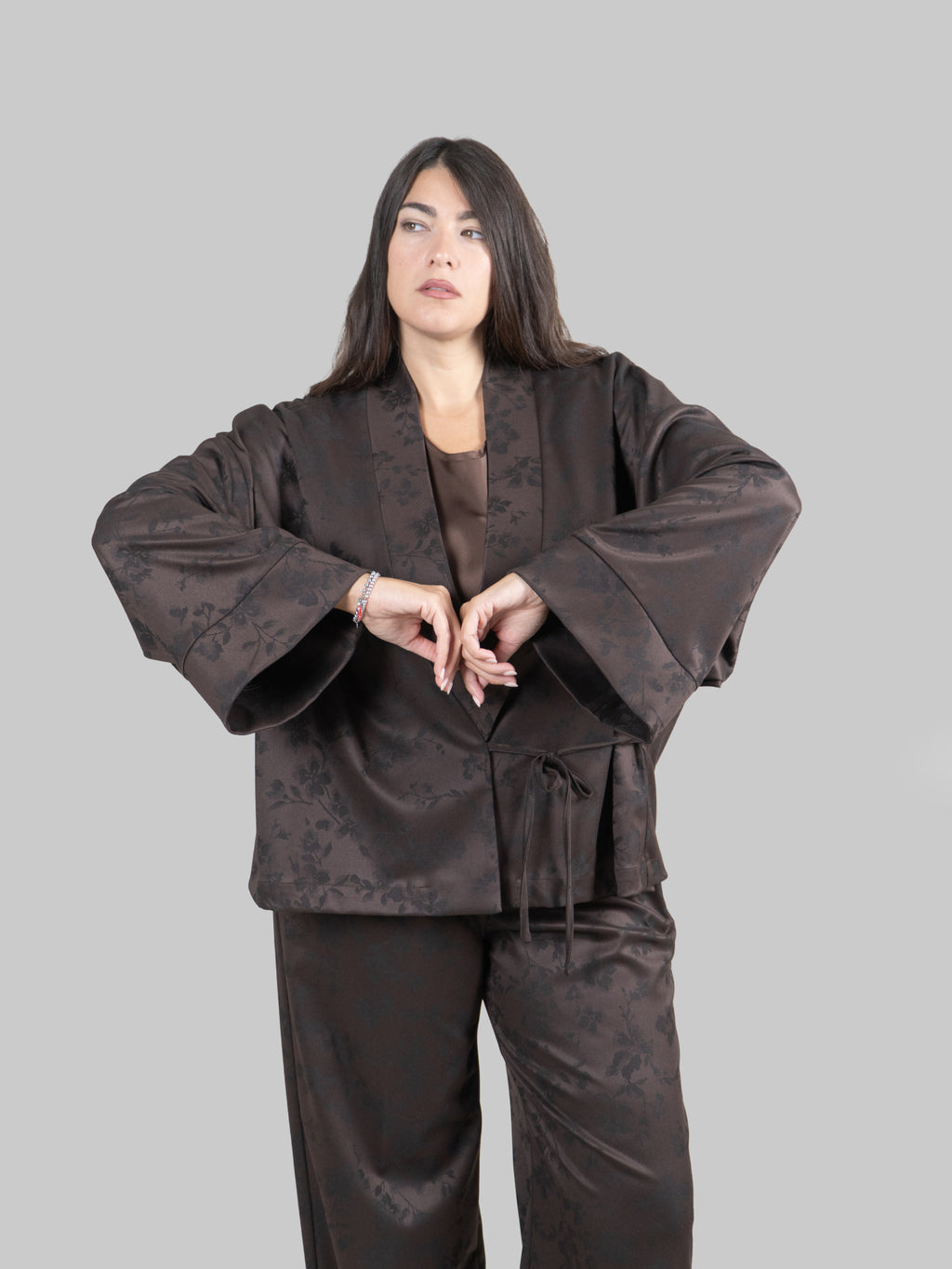 Giacca Kimono Jacquard Floreale|Colore:Moro