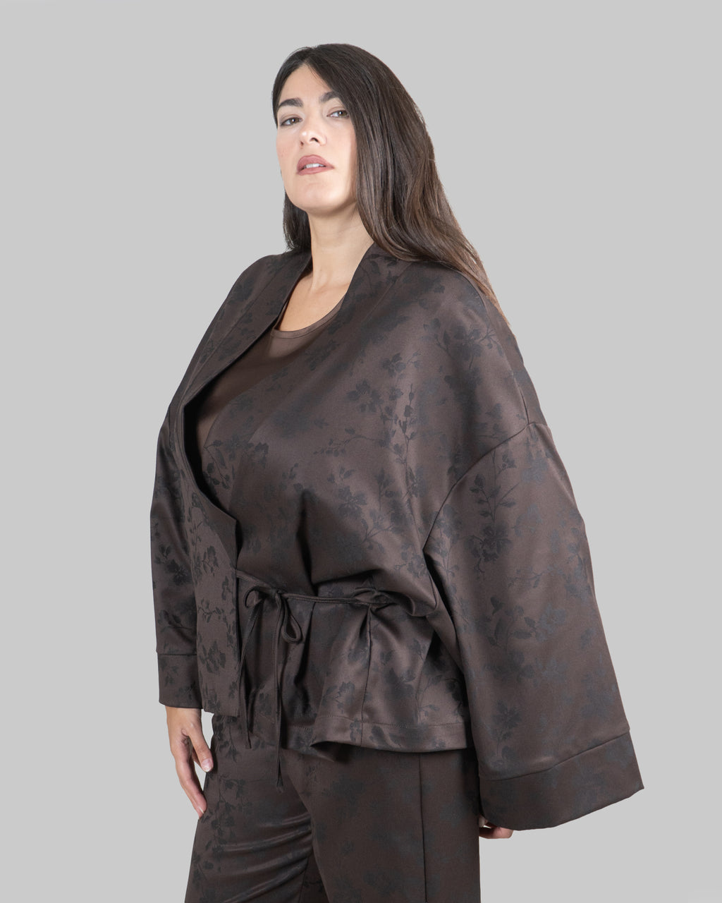 Giacca Kimono Jacquard Floreale|Colore:Moro
