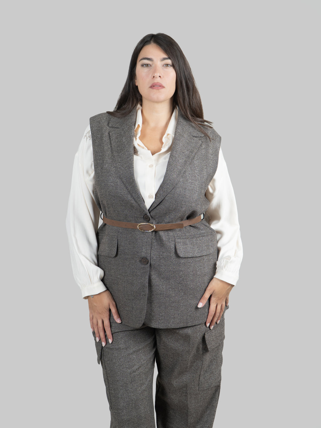 Gilet Blazer Spigato con Cintura in Vita|Colore:Marrone