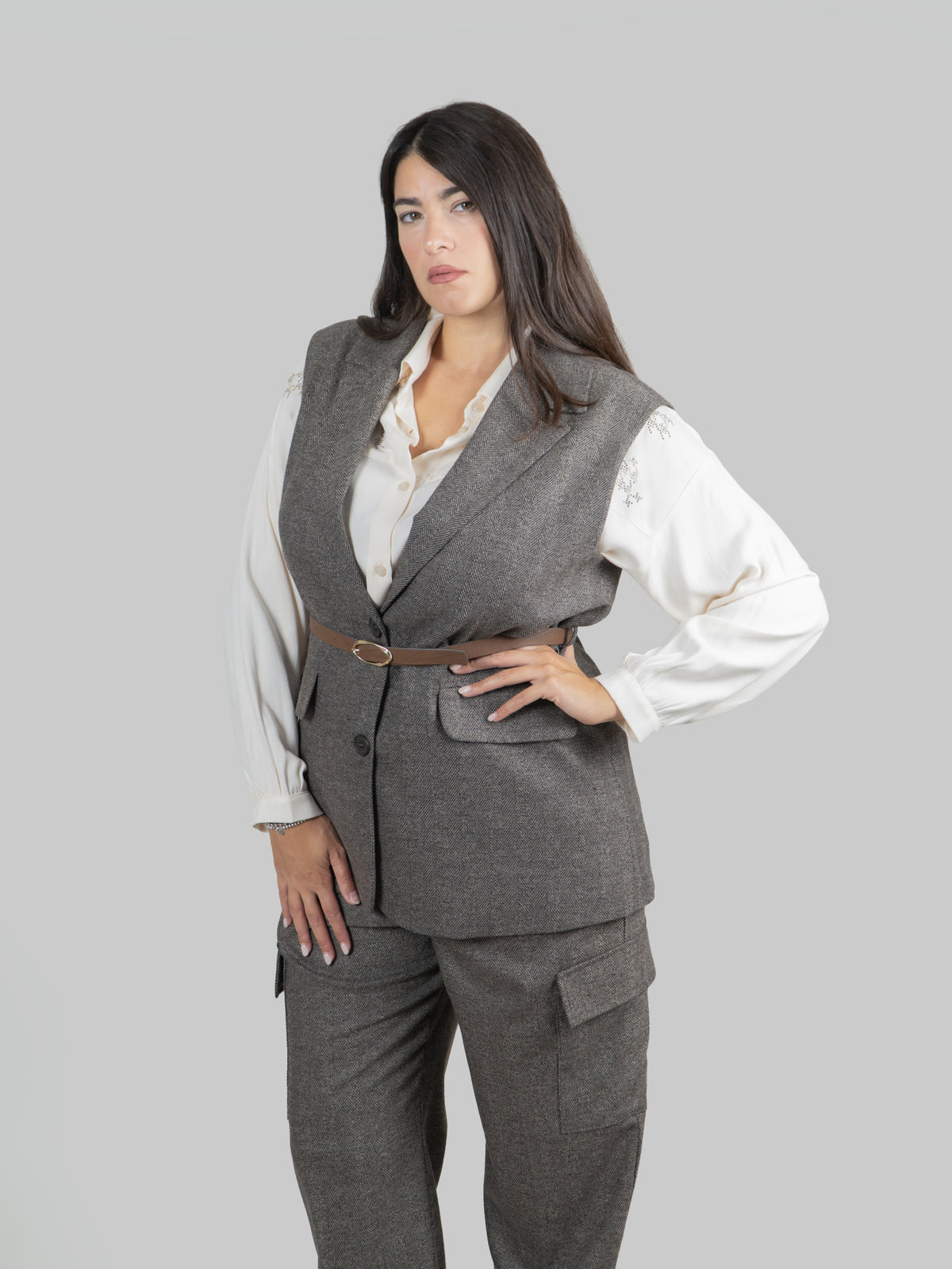 Gilet Blazer Spigato con Cintura in Vita|Colore:Marrone