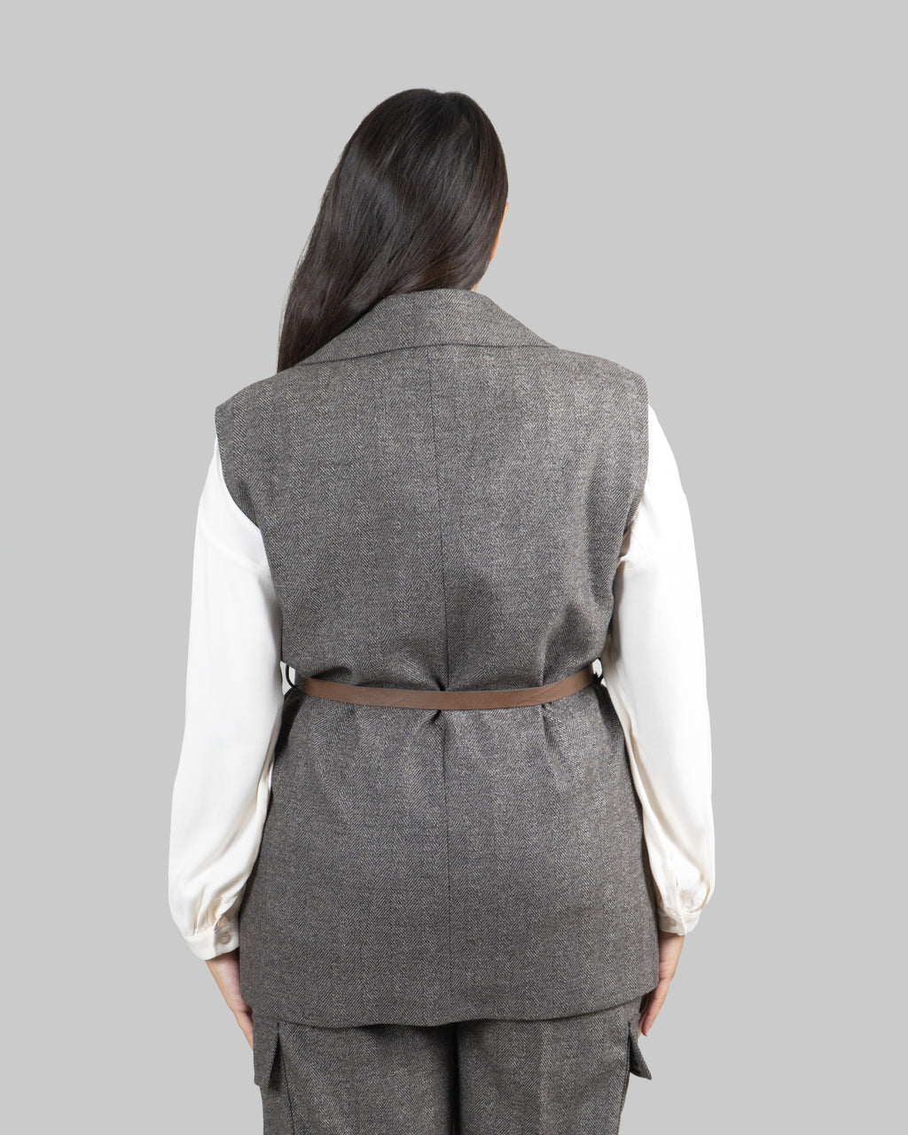 Gilet Blazer Spigato con Cintura in Vita|Colore:Marrone