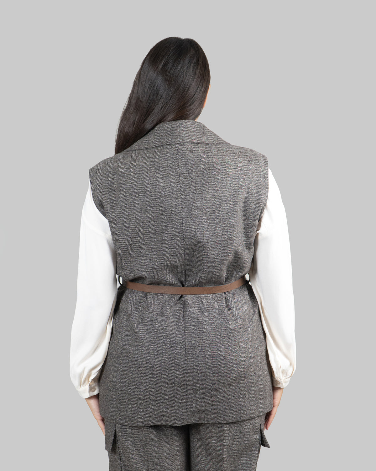 Gilet Blazer Spigato con Cintura in Vita|Colore:Marrone