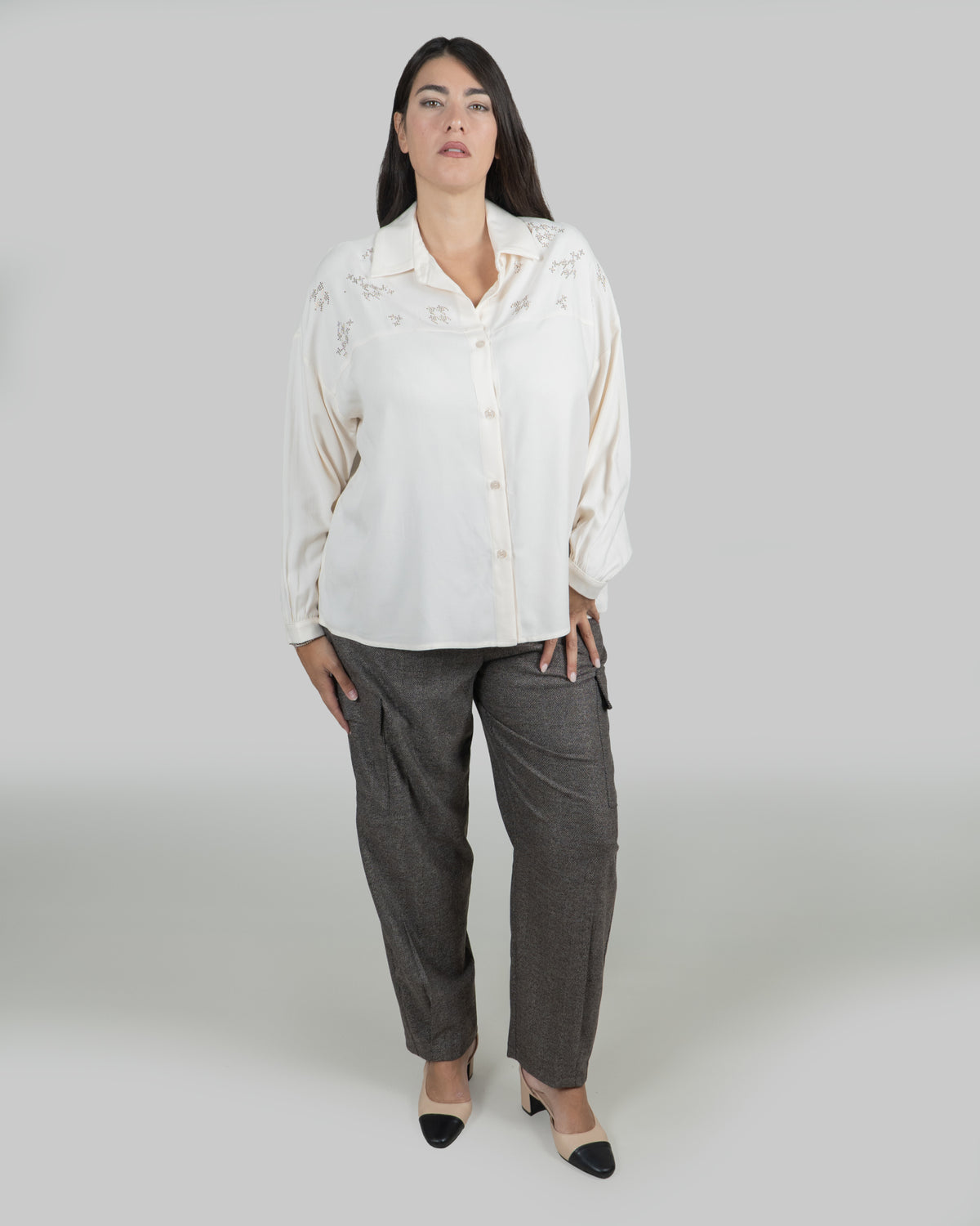 Camicia in Viscosa con Applicazioni Luminose|Colore:Panna