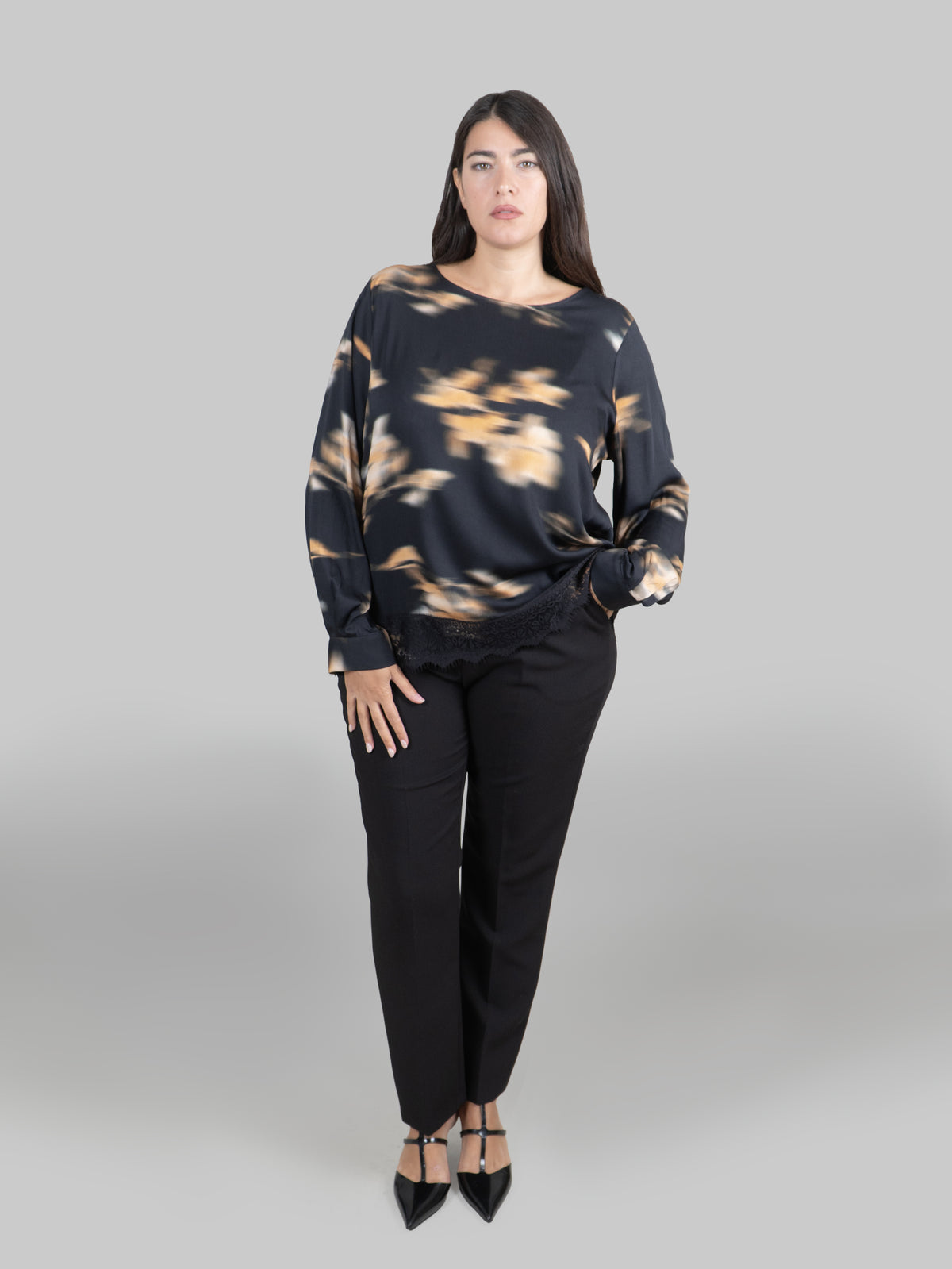 Blusa Nera Fantasia Sfumata con Pizzo|Colore:Fantasia