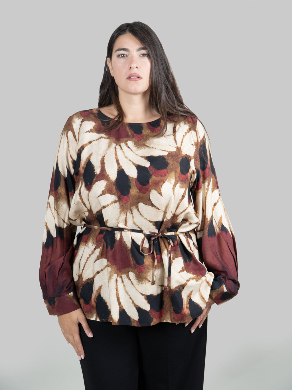 Blusa con Stampa Foliage e Cintura|Colore:Fantasia