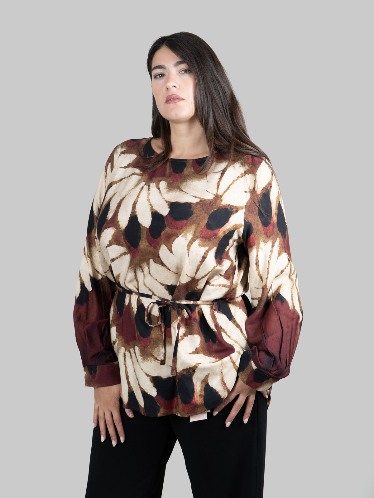 Blusa con Stampa Foliage e Cintura|Colore:Fantasia