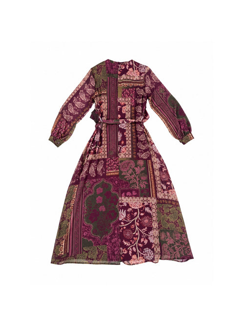 Abito Lungo Fantasia Paisley con Volant e Cintura|Colore:Bordeaux