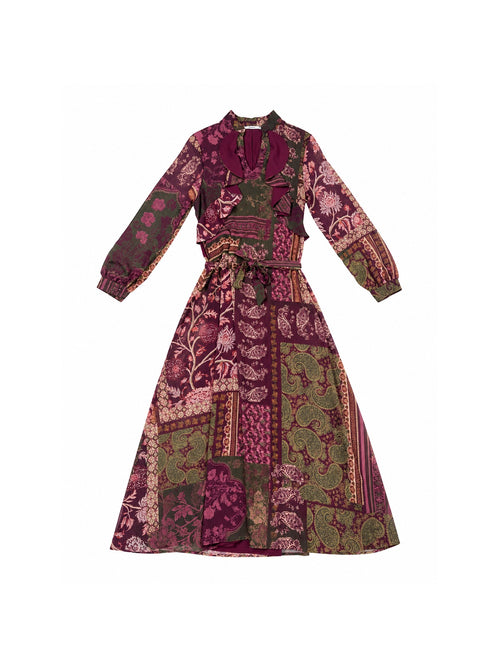 Abito Lungo Fantasia Paisley con Volant e Cintura|Colore:Bordeaux