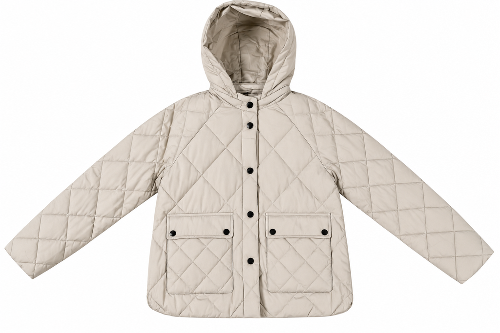 Piumino Trapuntato con Cappuccio e Maxi Tasche|Colore:Panna