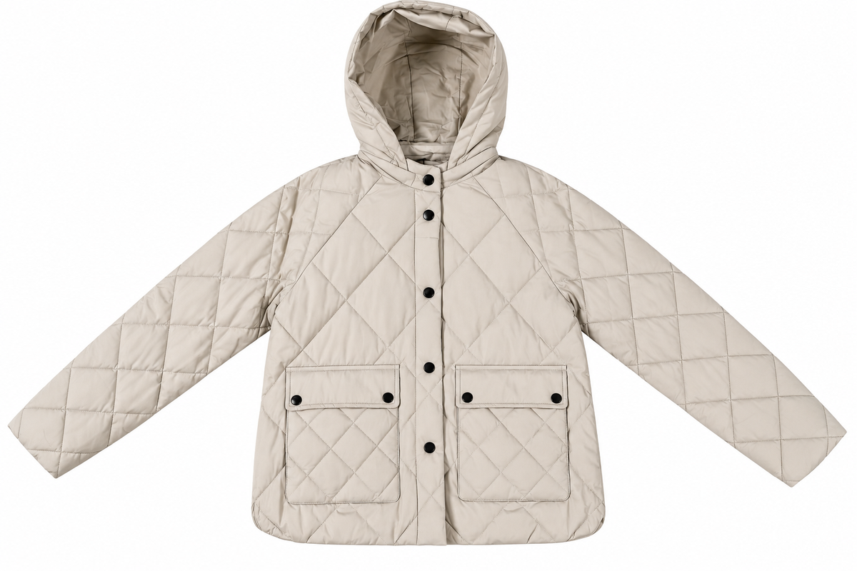 Piumino Trapuntato con Cappuccio e Maxi Tasche|Colore:Panna