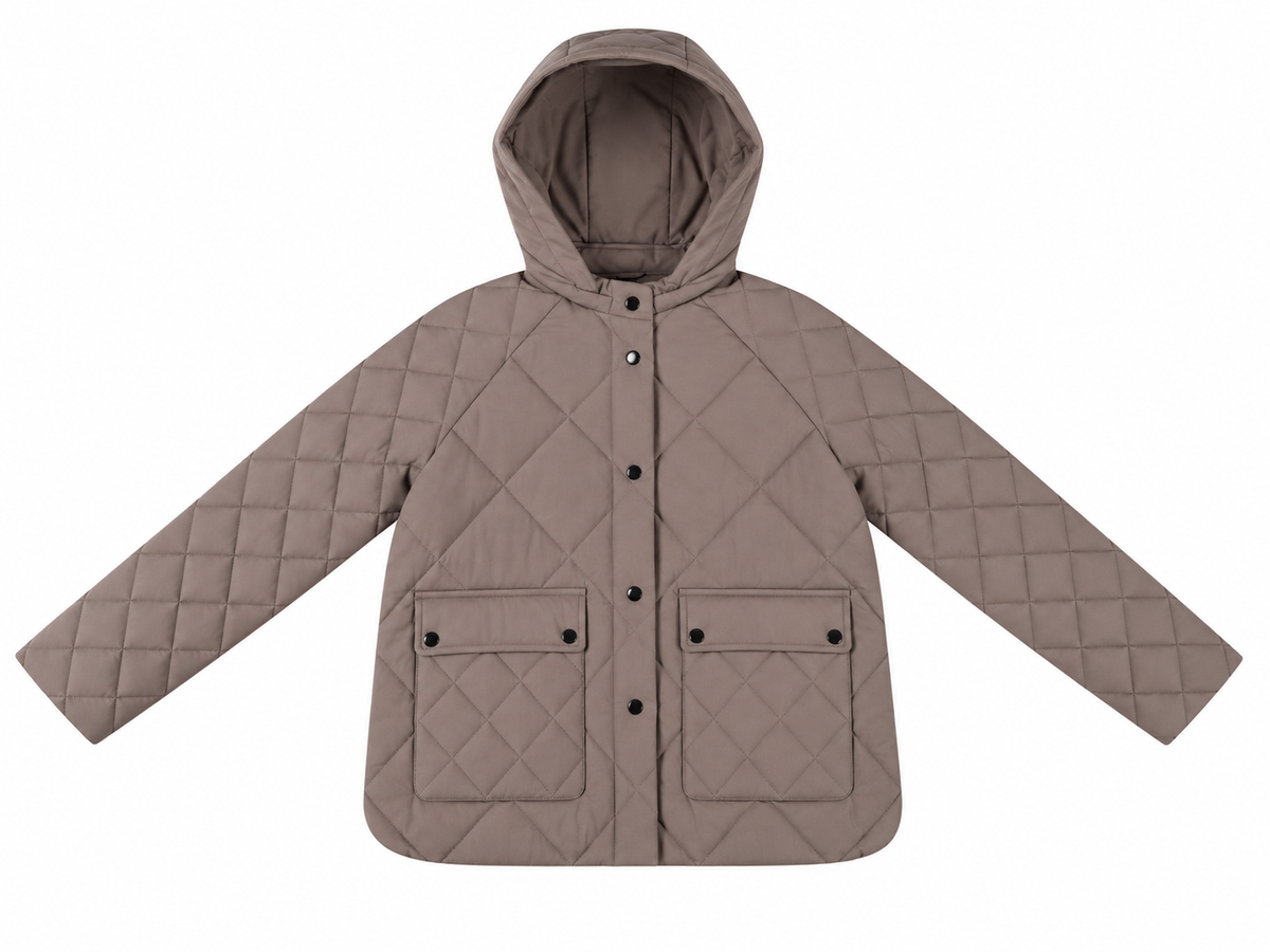Piumino Trapuntato con Cappuccio e Maxi Tasche|Colore:Tortora