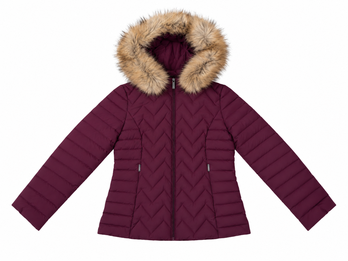 Piumino Corto con Cappuccio ed Ecopelliccia|Colore:Bordeaux