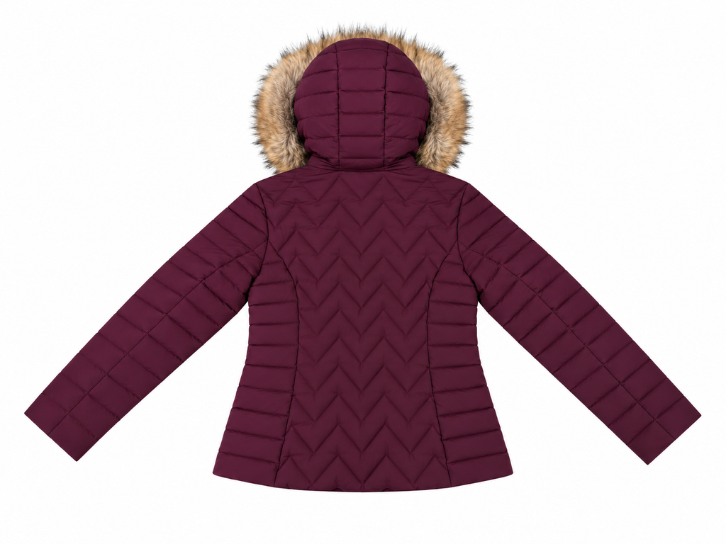 Piumino Corto con Cappuccio ed Ecopelliccia|Colore:Bordeaux
