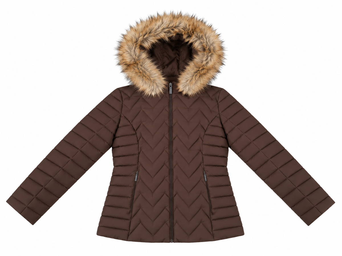 Piumino Corto con Cappuccio ed Ecopelliccia|Colore:Moro