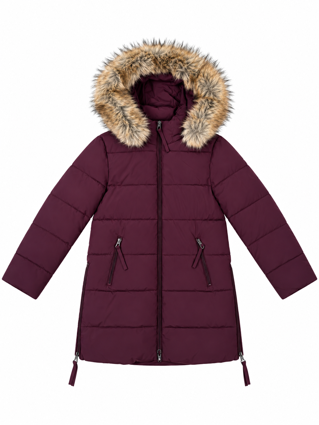 Piumino Lungo con Cappuccio ed Ecopelliccia|Colore:Bordeaux
