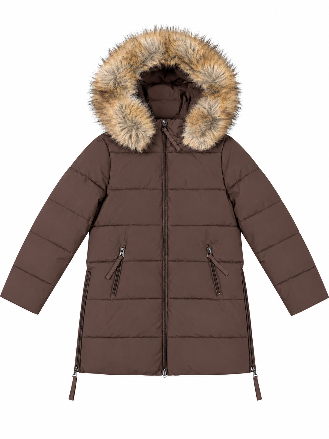 Piumino Lungo con Cappuccio ed Ecopelliccia|Colore:Moro
